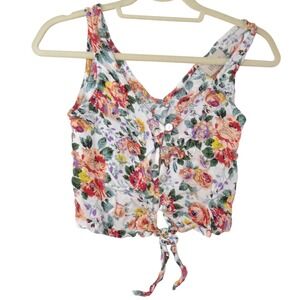 Lucy Love Womens XS Floral Button Front Tie Hem Crop Top V-Neck Sleeveless Rose